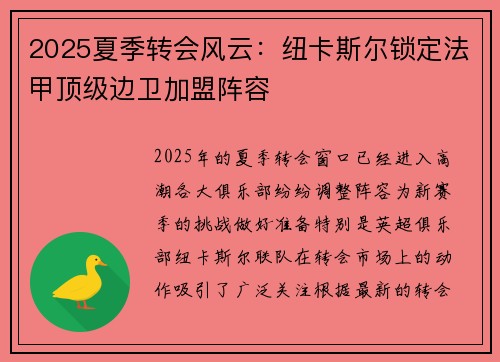 2025夏季转会风云：纽卡斯尔锁定法甲顶级边卫加盟阵容